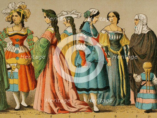 Women's dresses from different social classes, German, 1500-1550, (1881).  Creator: Unknown.