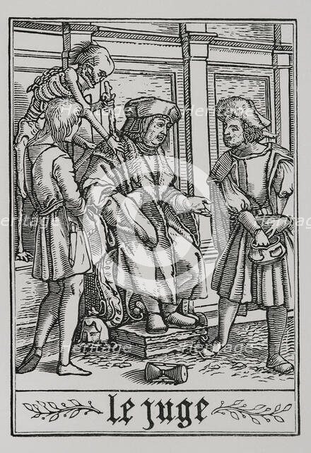 The Judge is visited by Death from "The Dance of Death", 1538, (1877). Creator: Unknown.