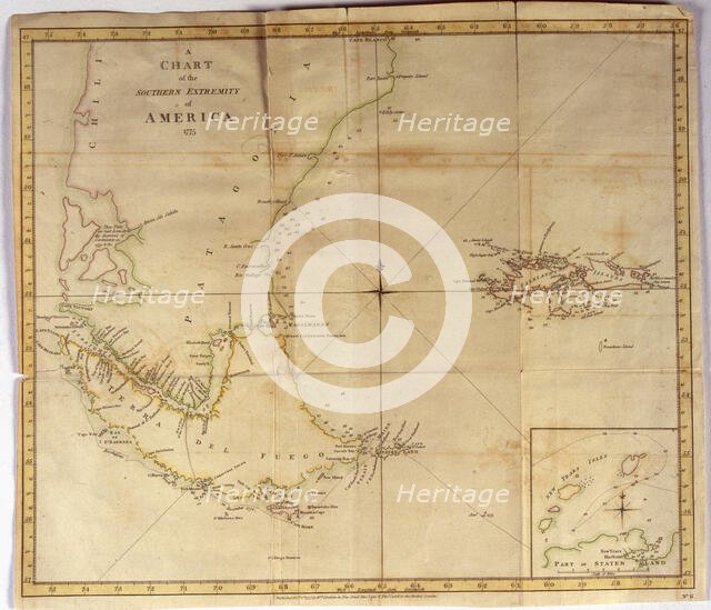 Coloured nautical chart of the end of South America with the Strait of Magellan and inset of...1775. Creator: Stratham W. (18th century).