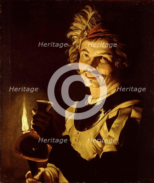 Man with burning candle and carafe of wine, 1640-1650. Creator: Stomer, Matthias (ca.1600-after 1650).