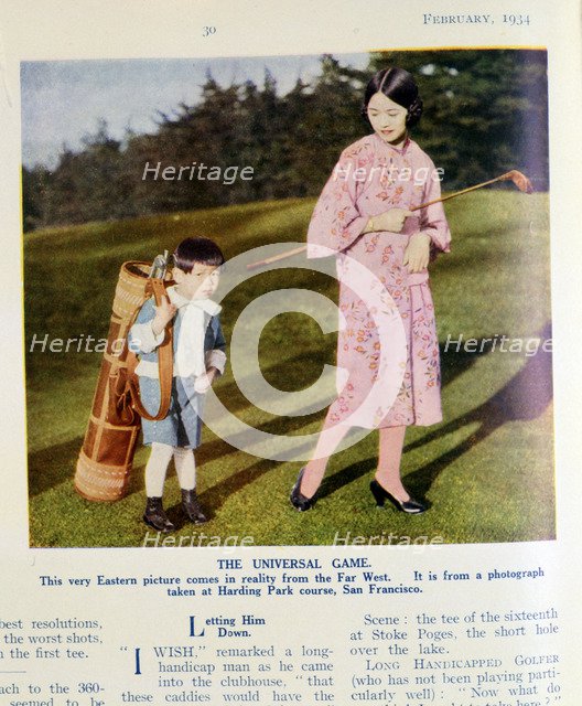 Japanese woman and son playing golf, American, February 1934. Artist: Unknown