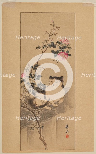 Cat on a roof underneath a rose bush. Creator: Yokoyama, Kazan (1784-1837).