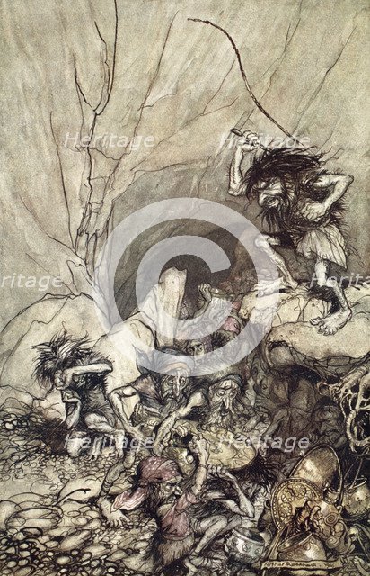 'Alberich drives in a band of Nibelungs with gold and silver treasures', 1910.  Artist: Arthur Rackham