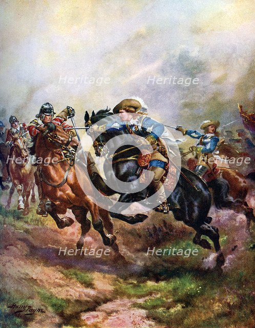'Prince Rupert's Cavalry Charging at Edgehill in 1642', c1920.  Creator: Harry Payne.