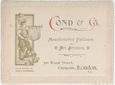 Trade Card for Cond & Co., Manufacturing Stationers and Art Printers, 19th century., 19th century. Creator: Anon.