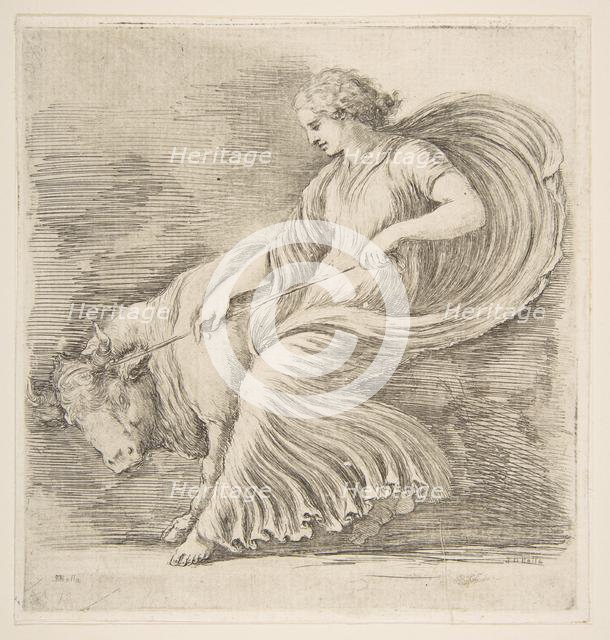 Young Woman Trying to Stop a Bull, ca. 1660. Creator: Stefano della Bella.