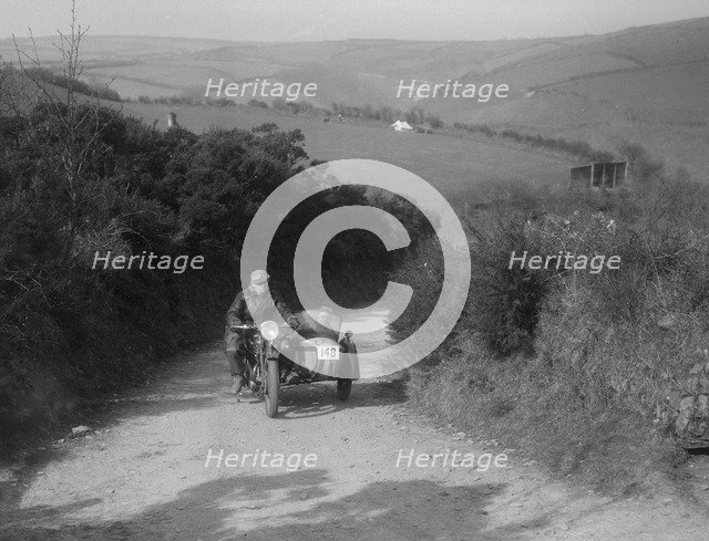 497 cc Ariel and sidecar of R Newman at the MCC Lands End Trial, Beggars Roost, Devon, 1936. Artist: Bill Brunell.