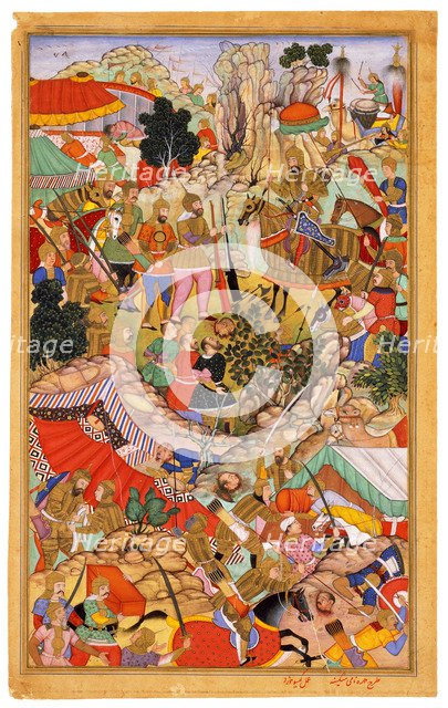 Tayang Khan Presented with the Head of the Mongol Leader Ong Khan (Miniature from Jami' al-tawarikh (Universal History), c. 1596. Artist: Miskina (active 1590-1600)