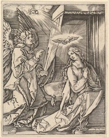 The Annunciation; on the left the archangel Gabriel approaches the praying Virgin..., ca. 1500-1534. Creator: Marcantonio Raimondi.