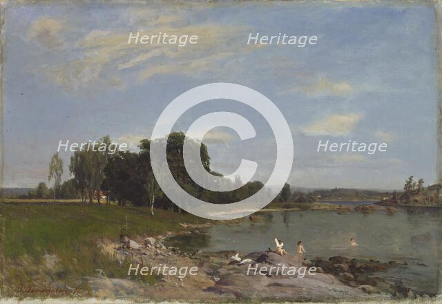 Beach landscape, bathing children, 1872. Creator: Berndt Lindholm.
