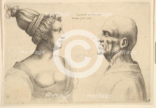 A female with hair tied back and a bald male facing each other, 1645. Creator: Wenceslaus Hollar.