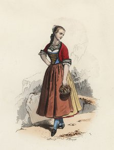 Young woman in the Canton of Thurgovie (Switzerland), color engraving 1870.