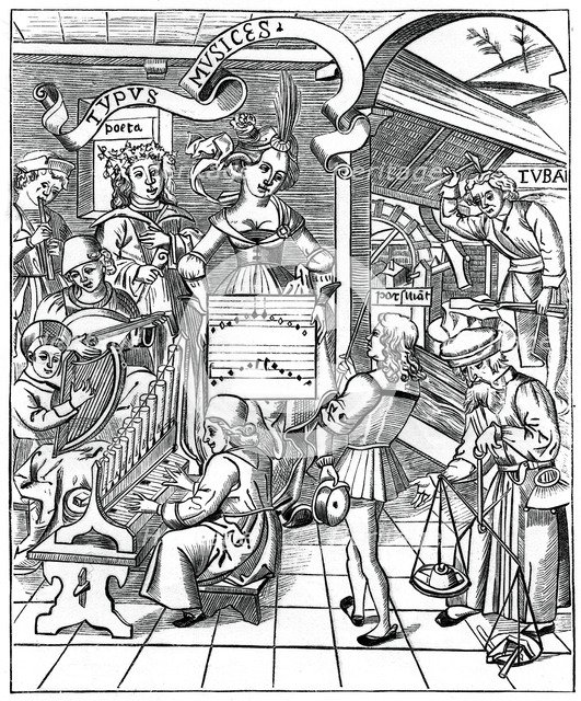 Personification of music, with the auxiliaries, the poet and musicians, 1508, (1870). Artist: Unknown