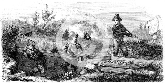 'French miners working a long tom sluice', California, 19th century.Artist: Gustave Adolphe Chassevent-Bacques