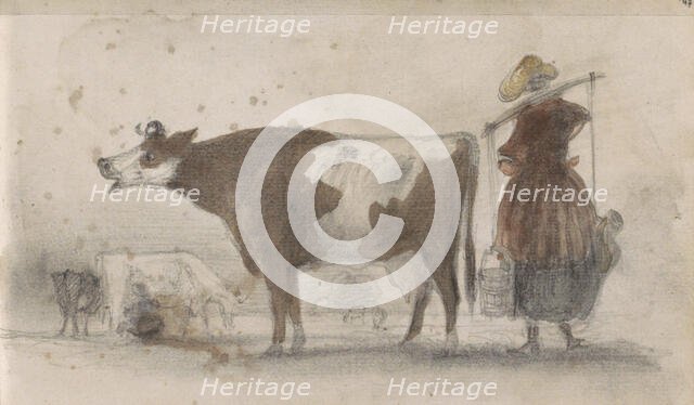 Pasture with cows and a farmer's wife with a yoke, 1864-1880. Creator: Johannes Tavenraat.