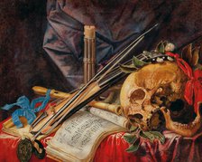 Vanitas still life with viola, clarinet, skull, scores and candle. Creator: Renard de Saint-André, Simon (1614-1677).