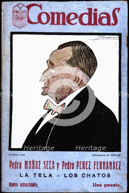 Cover of the publication 'Comedias'. Caricature of Antonio Paso Cano (1870-1958). Siglo XX publis…