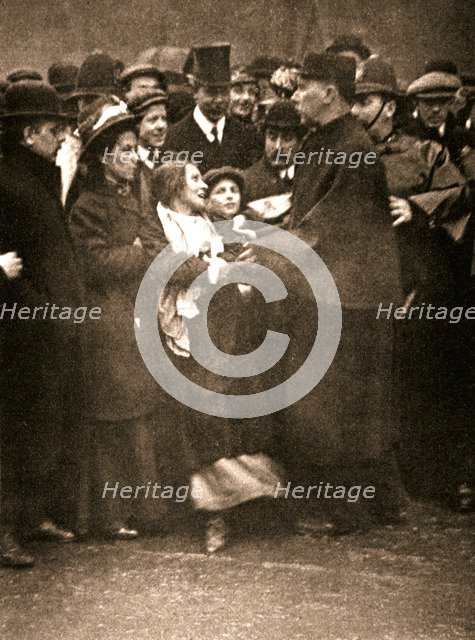 The arrest of suffragette Dora Marsden, 30 March 1909. Artist: Unknown