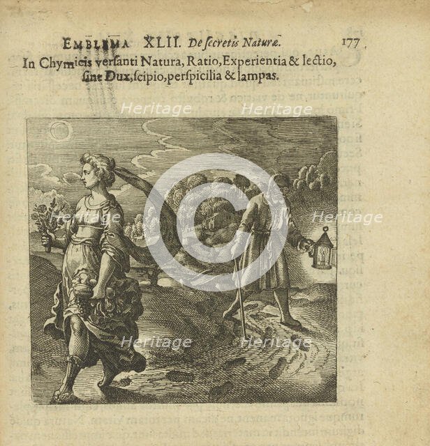 Emblem 42. To him who is in Chymicis be nature, reason, experience and reading..., 1816. Creator: Merian, Matthäus, the Elder (1593-1650).