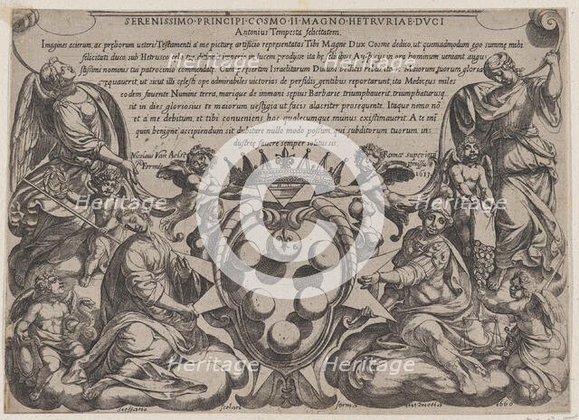 Frontispiece to 'The Battles of the Old Testament' with the arms of the Medici Crowned by ..., 1660. Creator: Antonio Tempesta.