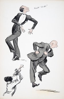 Two men in suits dancing while a musician plays the trumpet, from 'White Bottoms' pub. 1927.