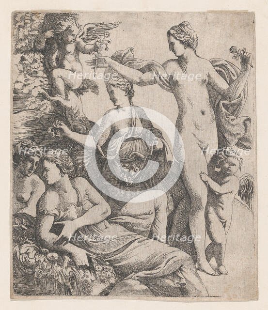 Venus, standing with the three Graces, is offered a flower from a putto, 1607-61. Creator: Pierre Biard.