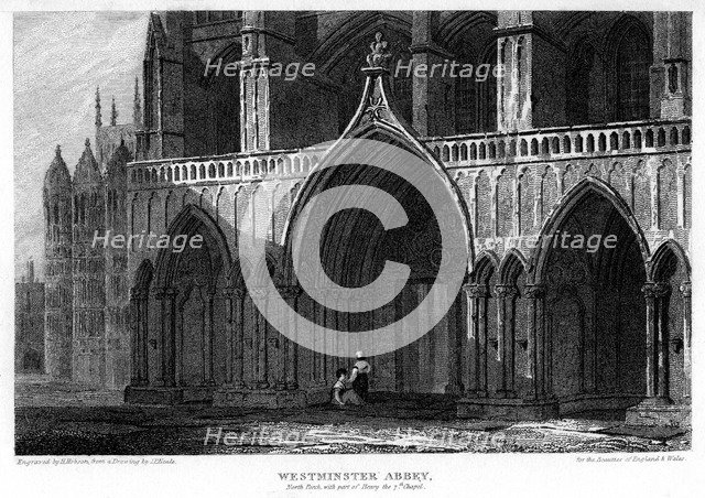 North porch with part of the Henry VII Chapel, Westminster Abbey, London, 1815.Artist: H Hobson