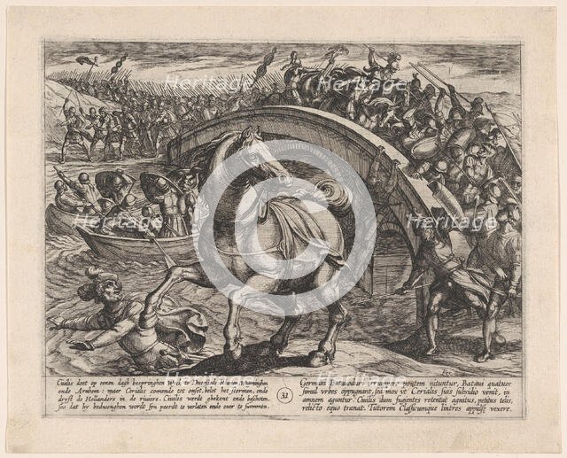 Plate 31: Civilis Forced to Dismount and Swim Across the River, from The War of the Romans..., 1611. Creator: Antonio Tempesta.