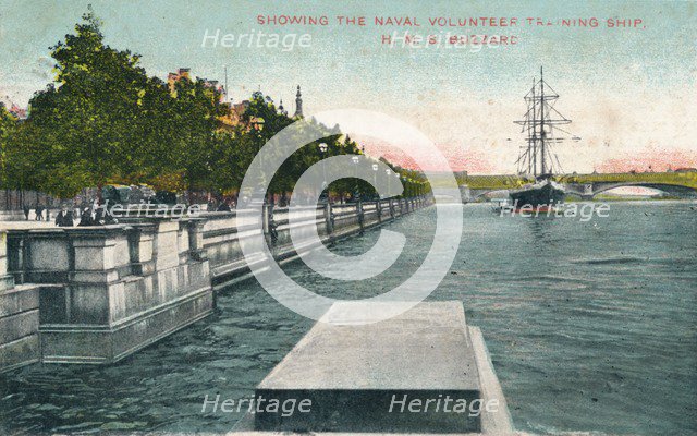'London, Thames Embankment - Showing the Naval Volunteer Training Ship, H.M.S. Buzzard', 1907. Artist: Unknown.