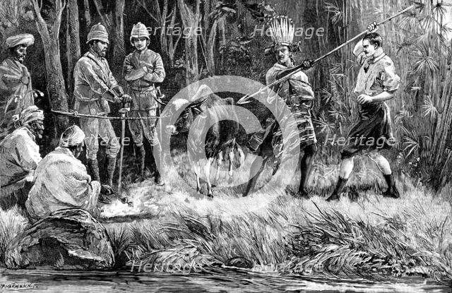 Mompunga, a Lushai chief, and Mr. Murray, Political Agent, taking the Oath of Friendship, 1890. Creator: P Naumann.