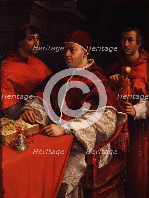 Portrait of Pope Leo X with Cardinals Giulio de' Medici and Luigi de' Rossi, ca 1518. Artist: Raphael (1483-1520)