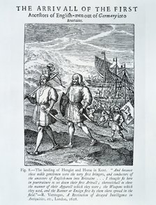 'The Arrivall of the First Ancestors of English-men out of Germany into Brittaine', 1628. Artist: Unknown