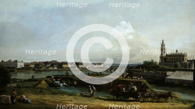 Dresden seen from the left bank of the Elbe river, below the fortifications, 1748.