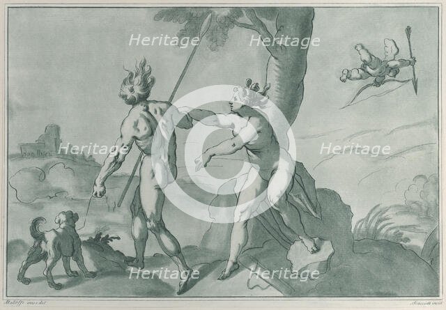Venus and Adonis (?), nude in a landscape with a dog at left and Cupid at upper right, ..., 1750-70. Creator: Andrea Scacciati.
