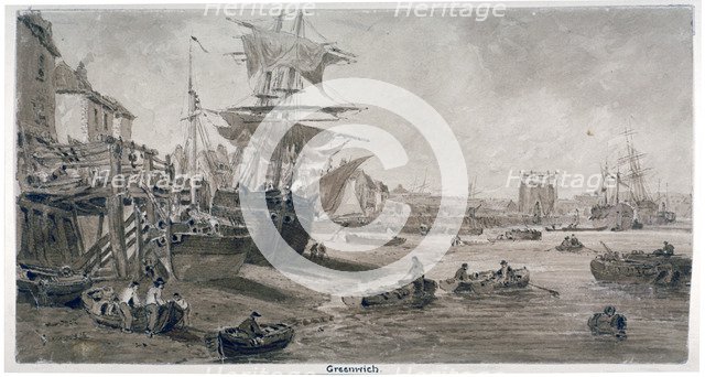 Old houses and boats on the riverbank at low tide, Greenwich, London, c1823. Artist: Anon