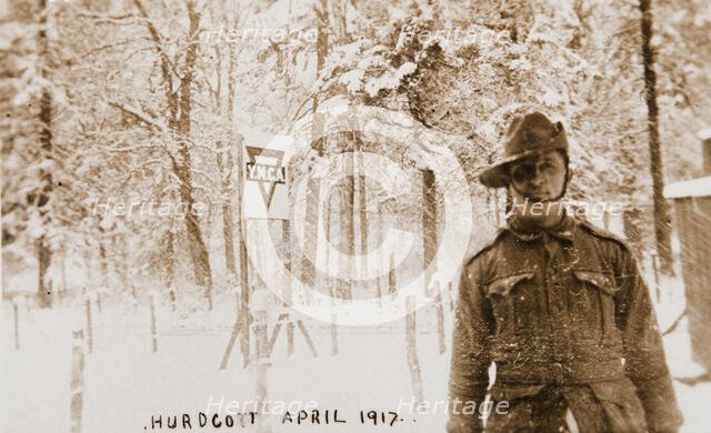 Bernard Laurence 'Barney' Nugent at the YMCA hut at  Hurdcott Camp, Salisbury Plains, England, 1917. Creator: Murphy.