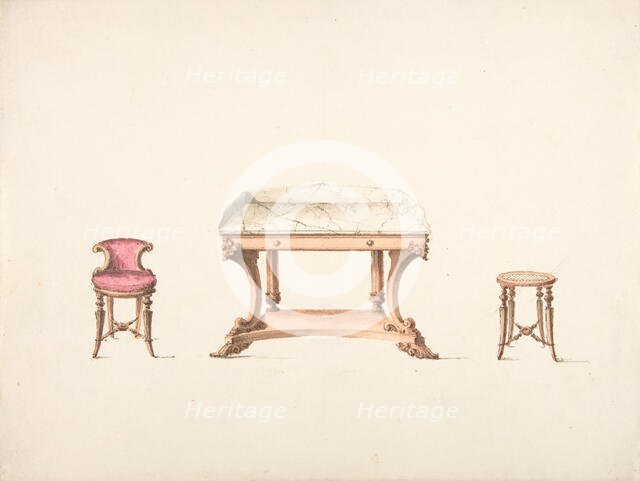 Design for a Marble Topped Table and a Low-backed Chair and a Stool, early 19th century. Creator: Anon.