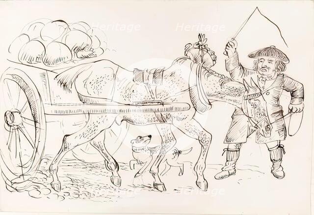 A man pulling a horse-drawn cart, 1825-1839. Creator: James Howe.