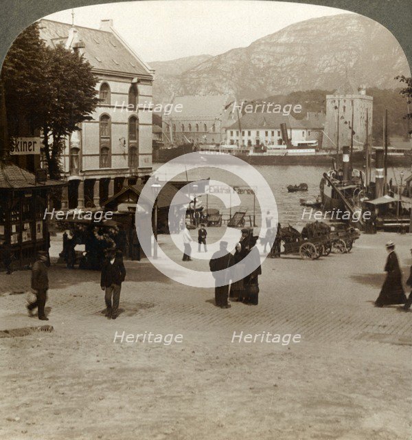 'Picturesque old fortress (Bergenhus), from a square in modern town, Bergen, Norway', 1905. Creator: Unknown.
