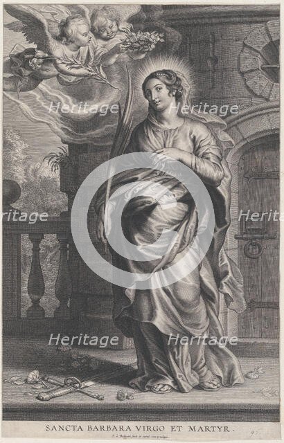 Saint Barbara holding palm leaves with a sword and flowers at her feet, two putti o..., ca. 1625-59. Creator: Boetius Adams Bolswert.