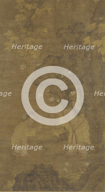 Two boys playing with the puppet of a lion, Ming dynasty, 15th-16th century. Creator: Unknown.