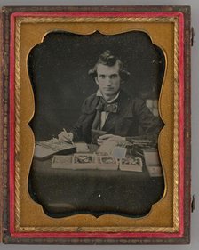 Untitled (Portrait of Seated Man Holding a Daguerreotype and Brush), 1865. Creator: Samuel J. Miller.