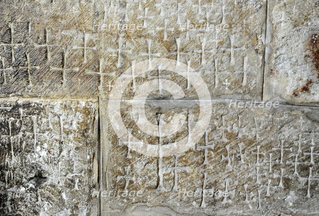 Crusader graffiti on the walls of the stairs leading to the Chapel of Saint Helena. Creator: Unknown.