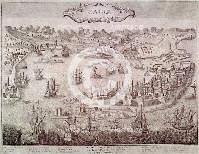 View of the city of Cadiz and its port, 17th century engraving.