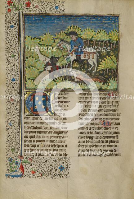 A Hunter and Dogs Killing a Wild Boar; Livre de la Chasse, about 1430-1440. Creator: Unknown.