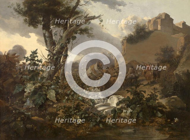 Italian Landscape with a Cavalry Battle, 1665-1670. Creator: Nicolaes Berchem.