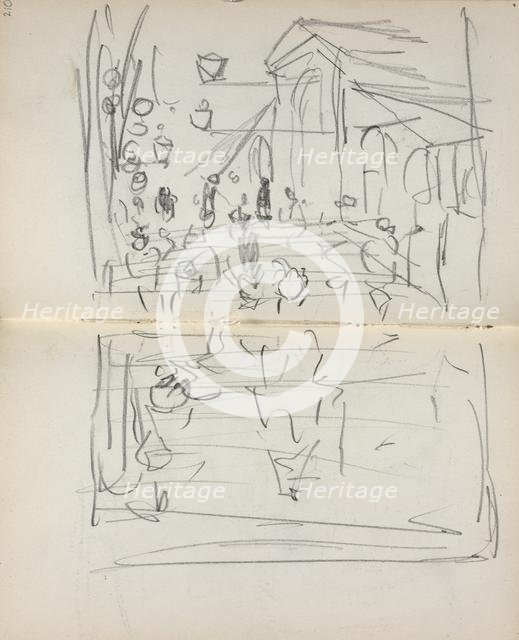 Italian Sketchbook: Bridge with Figures (page 209 & 210), 1898-1899. Creator: Maurice Prendergast (American, 1858-1924).