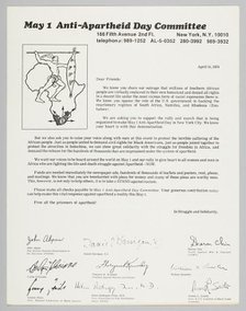 Letter requesting support for the Anti-Apartheid Day rally, April 14, 1976. Creator: Unknown.