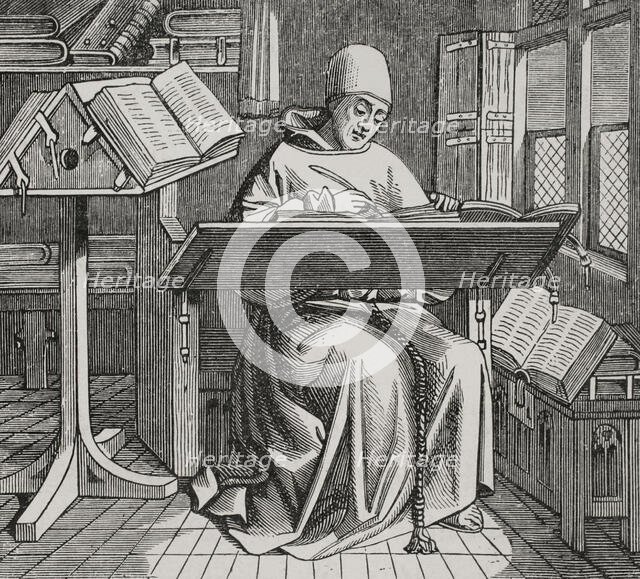 Scribe or copyist, surrounded by open books, working at his desk, 15th century, (1877).  Creator: Unknown.