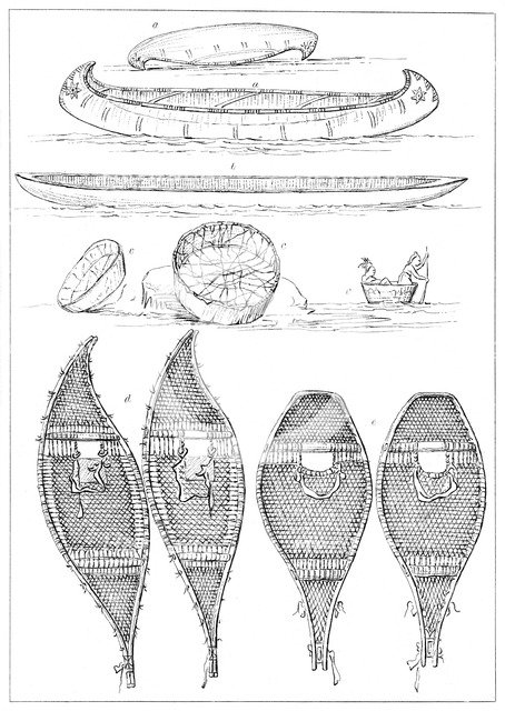 Sioux canoes and Chippewa snowshoes, 1841.Artist: Myers and Co